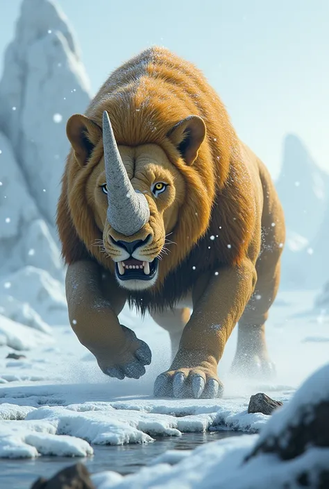 A ferocious hybrid of a Cave Lion and a Woolly Rhinoceros, with the speed and grace of a lion but the thick, fur-covered body and massive horn of a rhinoceros. It charges through a blizzard, its golden fur covered in snowflakes as its large horn breaks thr...