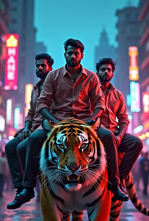 Indians mens sit on tiger in Mumbai with neon light 
