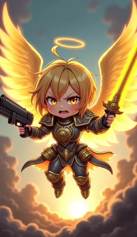 anime, chibi, Angel Girl, fires a bolter in one hand and holds a holy sword in the other, golden glow, giant wings, angry face, warhammer armor design, flies through the warp, cuteness