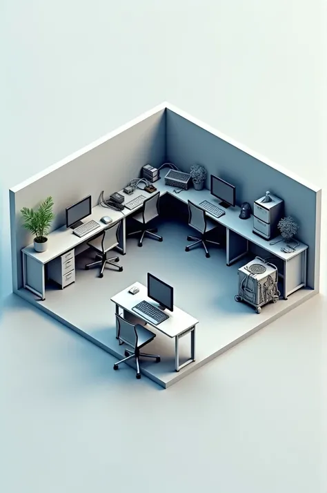 Create a 3d model of the office room shape square  in the room have a corner. corner 1 , corner 2, corner3, and corner 4 ,1st corner located in the lowerpart left corner of the square room have an table with computer and facing to the other side of the cor...