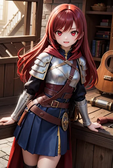 A cheerful swordswoman with long red hair, red eyes, a chest and shoulder armor, a small brown leather cloak with a hood, a storage bag at the waist, and a short blue skirt.