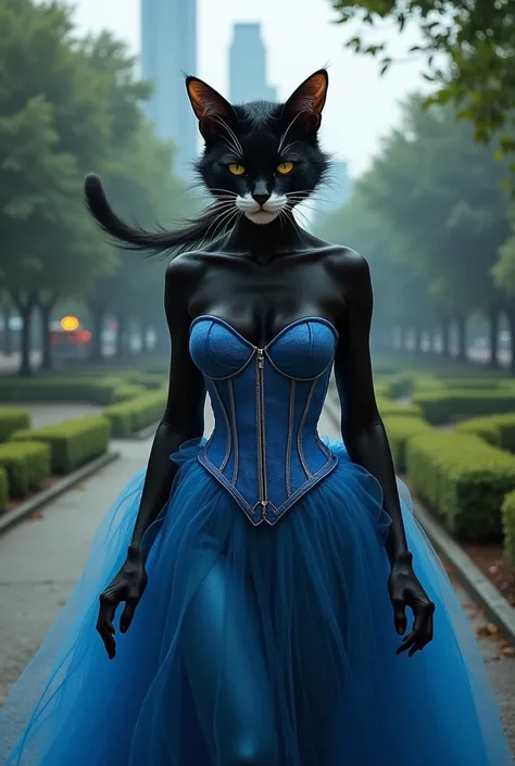 A black and white female cat in human body wearing a blue corset gown walking in park in a city with anger and jealousy on face closeup of face