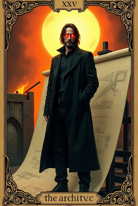 A tarot card numbered XXV and titled The Architect, Full body portrait drawing of Keanu Reeves as an architect with glowing eyes wearing a black trench coat while standing up and designing on a drawing board, the sun and a forge behind a fiery background