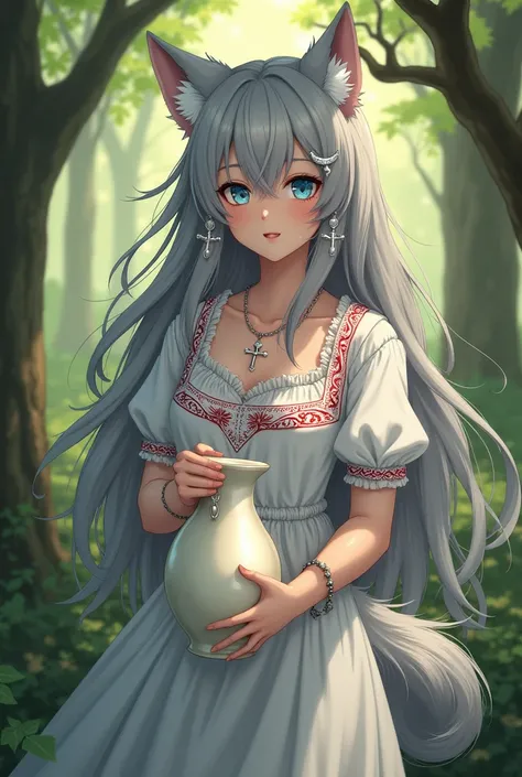 (adult wolf female:1.2), (solo:1.2), (wolf-girl:1.3), (long gray hair:1.15), (gray wolf ears:1.25), (deep blue beautiful eyes:1.1), (silver crescent moon earrings:1.1), (silver Orthodox cross on neck:1.2), (medium breast:1.1), (calm smile, protruding fang:...