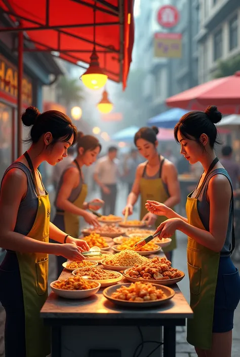 A shop in the sidewalk Where sell food five man and looking realistic and lighting 
