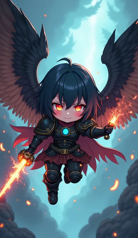 anime drawing, chibi, girl dark angel, fires a bolter in one hand and holds a cursed sword in the other, aura of black magic, giant wings, smug face, warhammer armor design, flies through the warp, cuteness