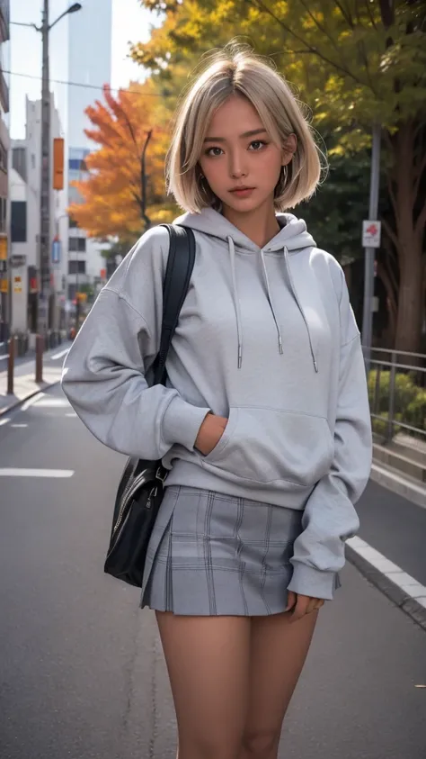 High resolution、masterpiece、Textured skin、high quality、Ultra high definition、Very detailed、woman、Short blonde hair parted in the center、A female high school student in Japan, wearing a gray hoodie, a checked skirt, sneakers and a backpack.、Looking at the c...