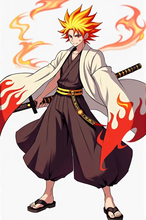 Hair: Rengoku has bright, flame-like hair that is a vibrant mix of yellow and orange. His hair is styled in a spiky manner and has a red gradient at the tips.Eyes: His eyes are a striking combination of red and orange, with a fierce and determined look.Fac...