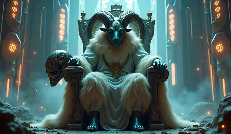 sheep king horn , custom king  , sitting at horse , cyberpunk , helmet at hand 