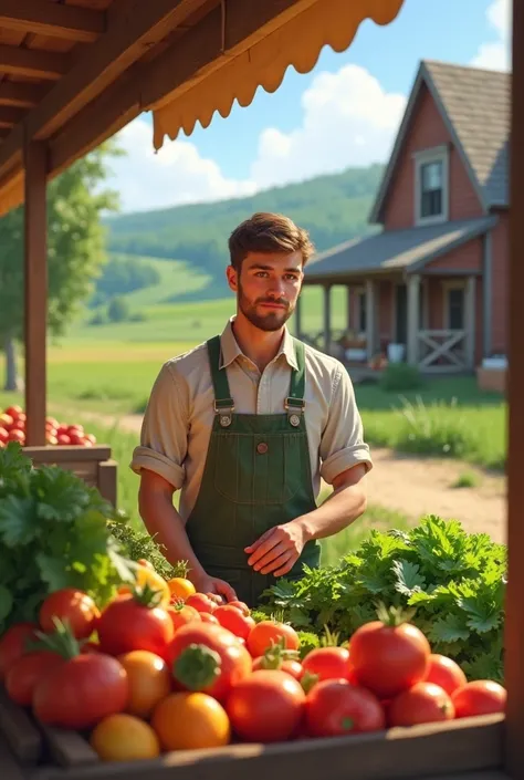 (photorealism:1.2),a young, farmer, man, Canadian, short hair, no beard, wear shirt, farm and wood home in background, outdoor, selling vegetables in market, animé.