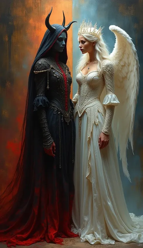 full body portrait of Two beautiful queens, From the left: The Queen of Hell, Queen of Heavens. Hand painted illustration, realistic oil painting, by Luis Royo