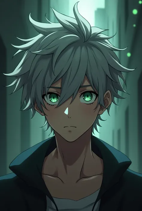 Generate a gray medium-length hair for me，Messy hair，Handsome anime image of a young man with green eyes，Background spooky horror