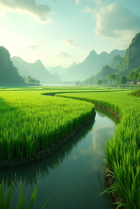   A paddy field is grown and fenced around it generate cinematic 3d style