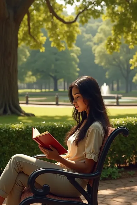 La meme fille colombienne de 30 ans mais assise dans un parc entrain de lire un livre