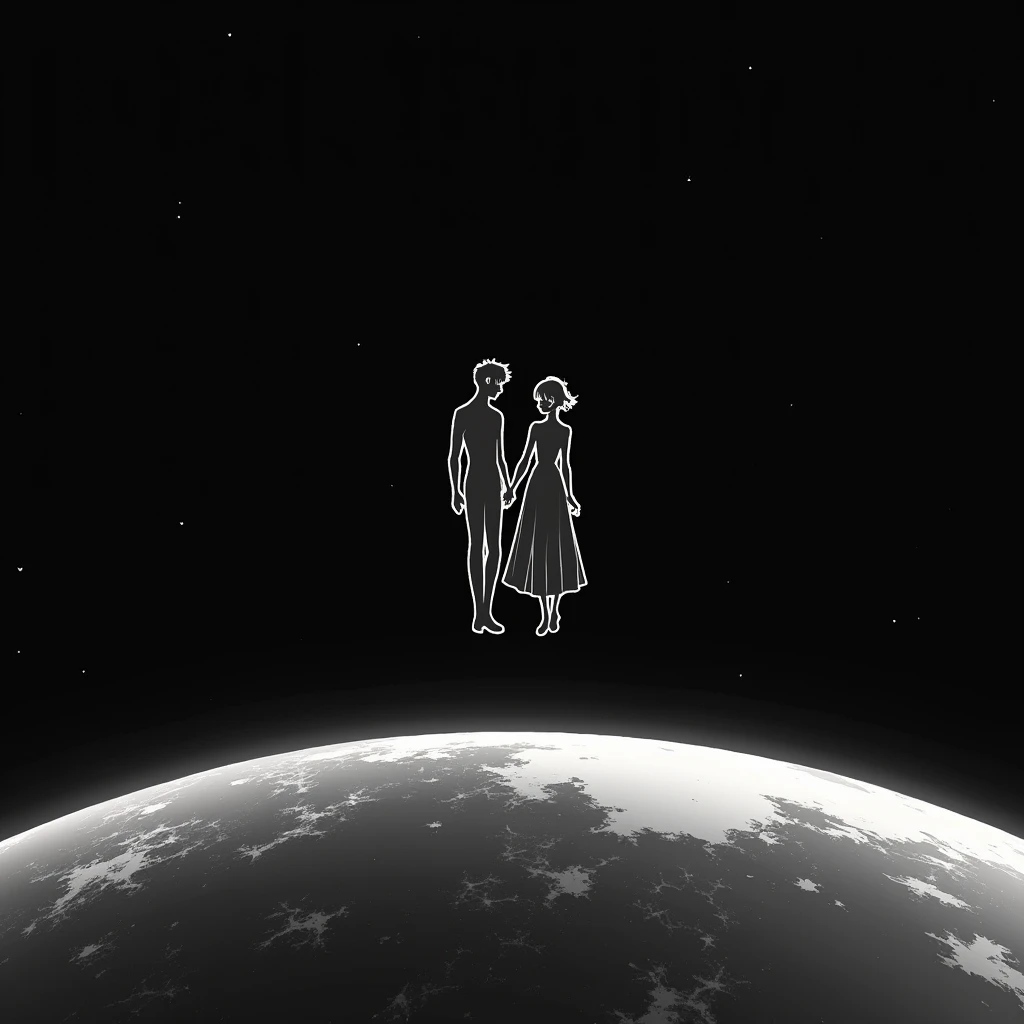 Silhouette of couple, girl has no gown, flying above the earth, black and white, outline, their outline on their outside body is whiteFrom Above, anime, 