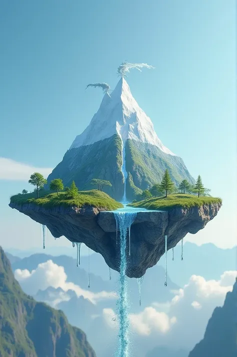 A piece of big mountain floating in the air in which a big water tap connected and fresh drinking water flowing through it with the message of save water save earth