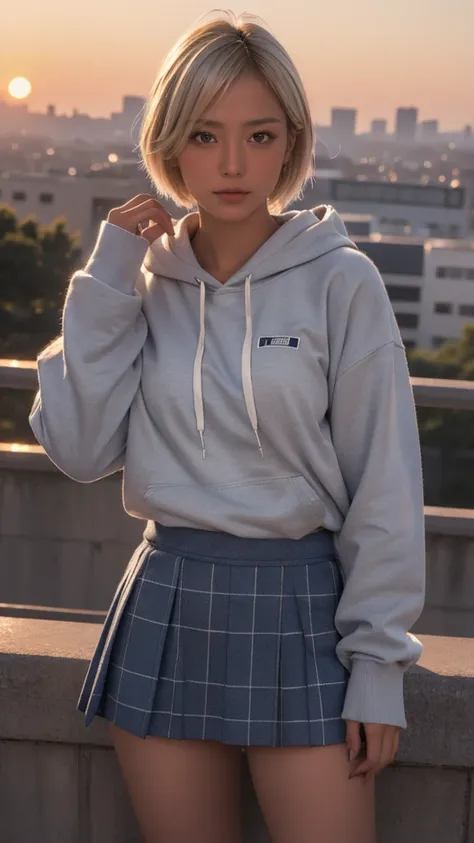 High resolution、masterpiece、Textured skin、high quality、Ultra high definition、Very detailed、woman、Short blonde hair parted in the center、A female high school student in Japan wearing a grey hoodie, a navy blue checked skirt, and sneakers.、Looking at the cam...