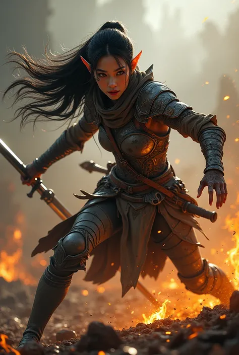 4k, a female elf draws her sword fighting against a demon in a crowd of fighting troops in the middle of a fiery battlefield. He wore detailed, weathered armor with intricate designs, carrying a sword that reflected the chaos around them. The face of a bea...