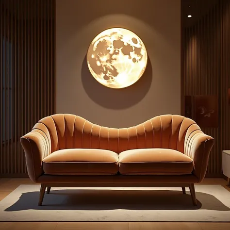 A luxurious living room with a unique centerpiece, a mooncake-shaped sofa in rich, velvety brown and soft cream hues. The rounded contours of the sofa evoke the traditional Chinese dessert, while its plush texture invites lounging. Framed by sleek wooden l...