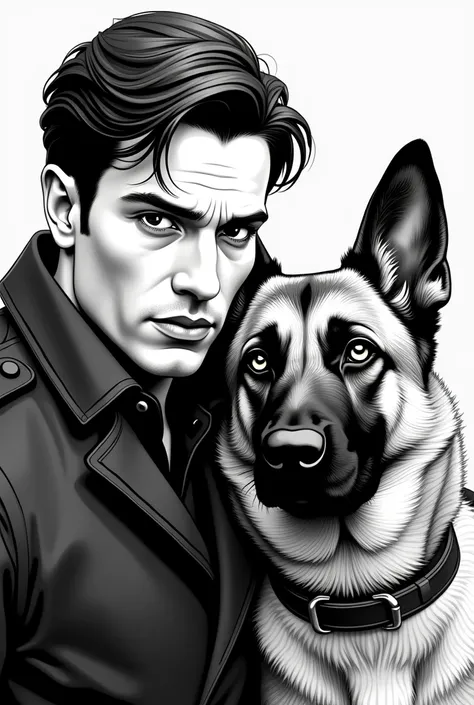 Attractive man with big eyes close to Malinois in peaky blinders style as portrait black and white coloring page comic