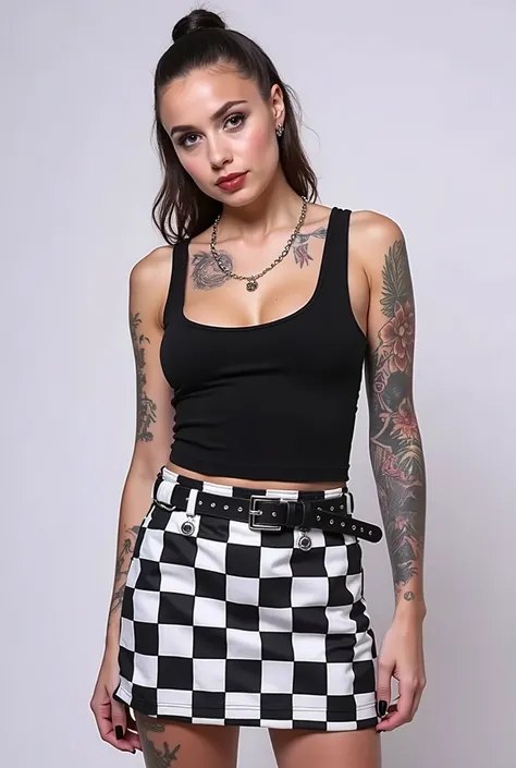 uma mulher jovem com tatuagens nos braços e um top preto e skirt está posando para uma foto, she is wearing a black regatta e skirt, wearing a short black blouse, wearing a cropped black regatta, black regatta, fair top, tight black regatta, body preto, pu...