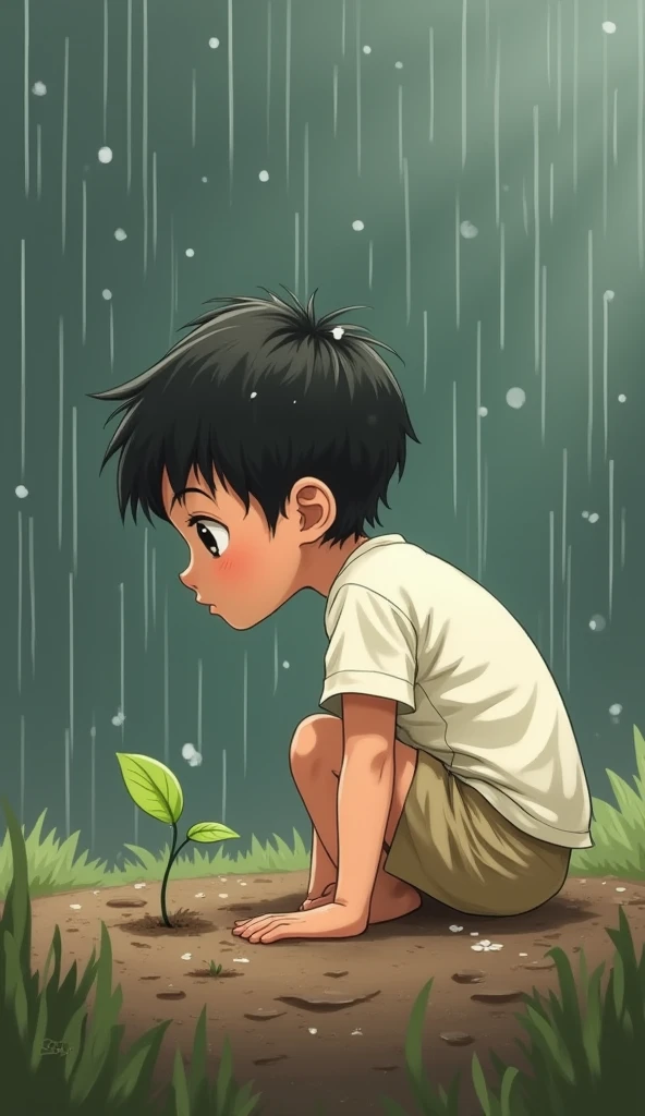 A scene where an illustrated character is protecting a seedling growing from the soil。Characters、It&#39;s small、He is wearing a white T-shirt and beige shorts、Looking to the side。Characters雨に濡れている。Heavy rain in the background。