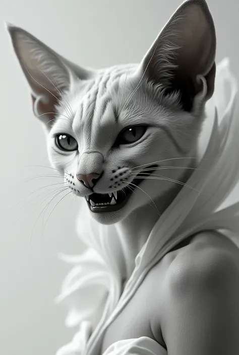 A black and white female cat in human body wearing white gown with cruel laughin face face closeup only