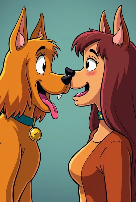 Doggirls Velma Dinkley and Daphne Blake lick each others faces passionately with their long dog tongues 