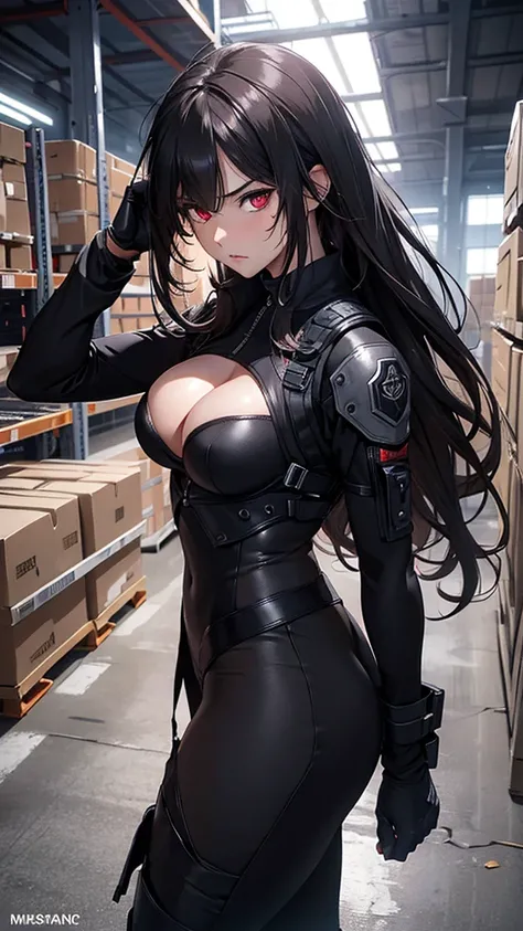 8k resolution,((Best Quality)),Ultra-high resolution,Adult women, Alone, sexy, (Angry expression), (Deep red eyes), A beautiful, symmetrical face, (Black messy long hair),Black Mercenary Vest,A battle suit with open chest and waist,Suit pants,Realistic:1.4...