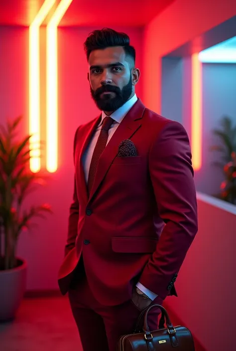 Indian men with stright  and round face and thik beard and red suit  small hair cut with brown hand bag and with neon baground light