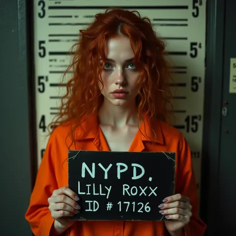 Beautiful enchanting female in her early 20s, curly messy long red hair, strands falling near her face, still photoshoot, mugshot of model, wearing a bright orange prison jumpsuit, holding the black sign with letters forming the words "NYPD, Lilly Roxx, ID...