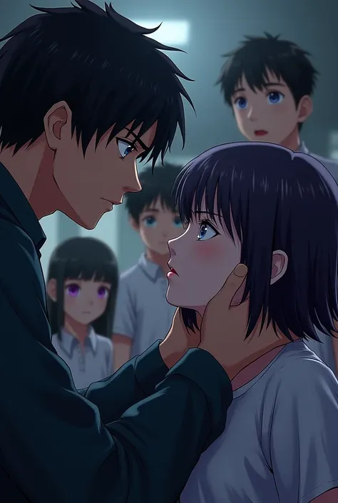 A raven haired guy holding a girls chin looking fierce, has beautiful blue eyes, while the girl has short raven hair with purple eyes looking perplexed at the guy with two boys and two girls at the background.