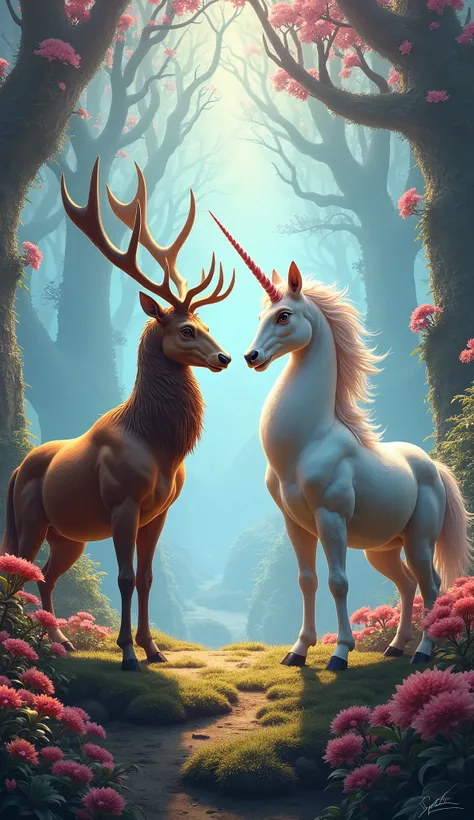 a deer and unicorn u face to face, detailed colorful fantasy landscape, fantasy art, intricate detailed patterns, vibrant colors, dramatic lighting, cinematic composition, highly detailed, 8k, (best quality,4k,8k,highres,masterpiece:1.2),ultra-detailed,(re...