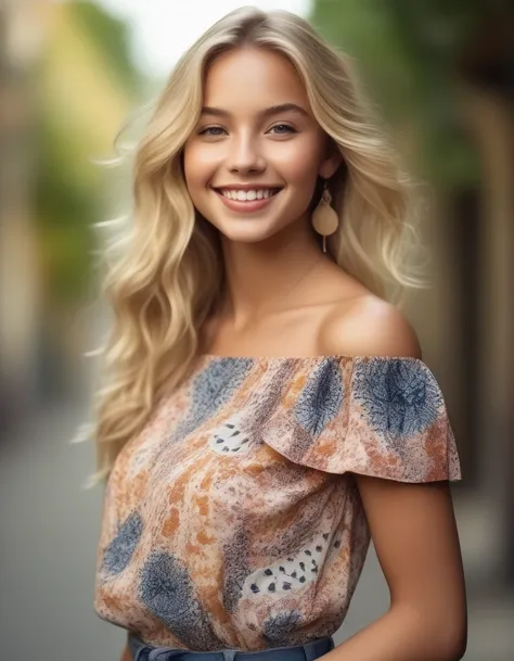 a waist-up portrait of a young beautiful blond girl, bohemain off-the-shoulder top, smiling, confident, makeup, lip-gloss, (frec...