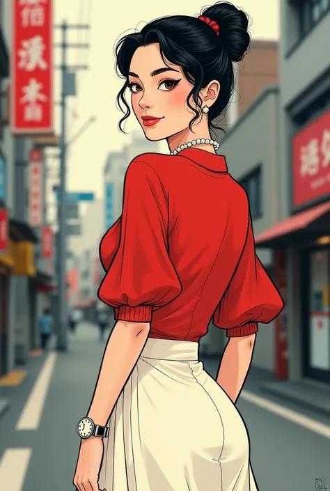 モダンア－ト、Ukiyo-e type painting, Japanese ancient woodblock print,   Beautiful woman looking back, sign ,From behind , standing on pose , full body, on street , in Osaka city, looking at viewer, Japanese Girls , 20-age ,(Detailed face, cute face, Beautiful Ey...