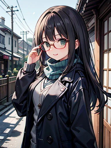 RIN SHIBUYA、1 girl, Mature Woman, Green Eyes、Long black hair、A woman posing in a long coat in a Japanese town in mid-winter、She has a navy blue scarf around her neck、Woman wearing glasses、thin frame glasses、large round lens glasses、Thin gold eyeglass frame...