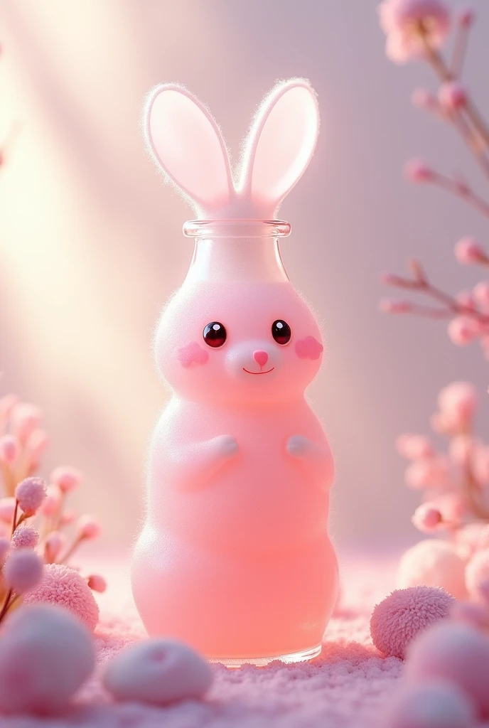 Glass bottle of juice with a rabbit shape  , slk which is prepared with marshmallows and jellies