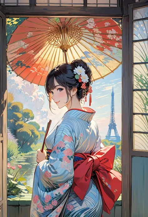 (masterpiece, best quality),A girl imitates Claude Monets "La Japonaise",She is wearing a kimono and looking back, smiling,(has japanese ougi.Many japanese fans are displayed on the light blue wall). tatami,(work by Claude Monet:1.4). impressionism,