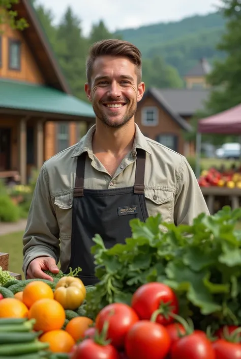 (photorealism:1.2),a young, farmer, man, Canadian, short hair, cute, no beard, wear shirt, farm and wood home in background, outdoor, sell vegetables in market, anime.