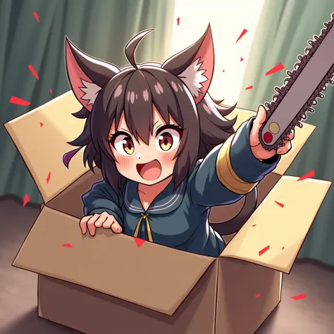 anime, kawaii cat girl jumps out of an open box with a chainsaw in her hands, crazy smile, burning eyes, in the room