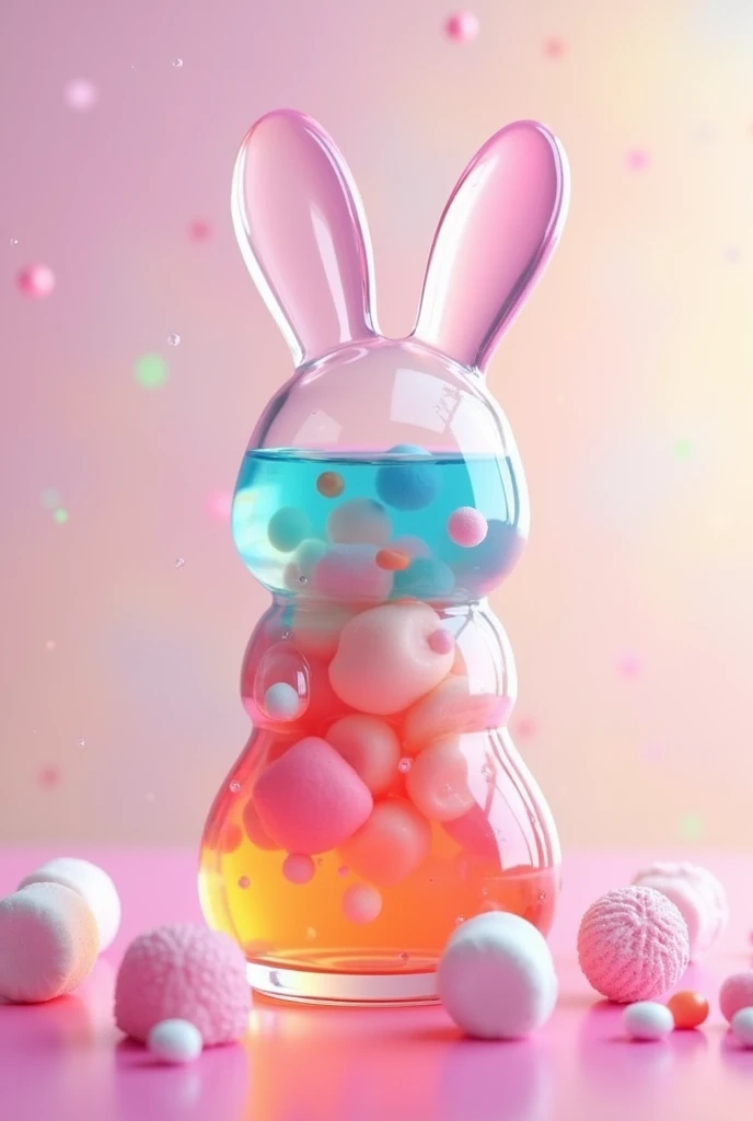 Glass bottle of juice with a rabbit shape  , juice that is prepared with marshmallows and jellies