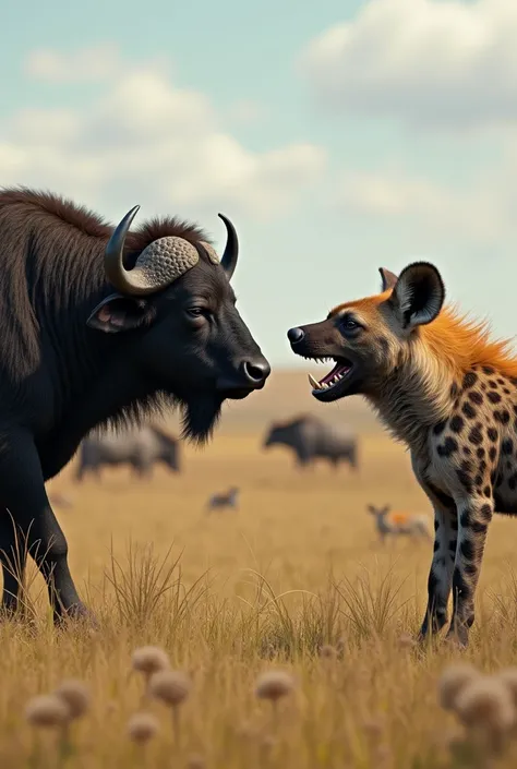 A buffalo talking to a hyena in front of the animals 