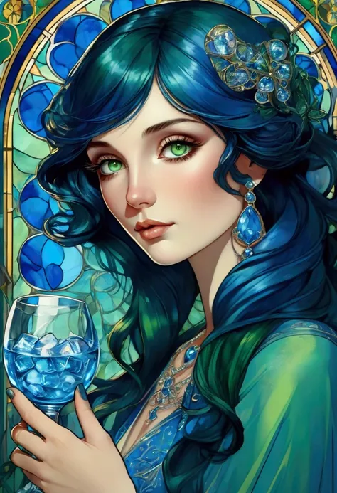 Alphonse Mucha, The Cute noble Blue Sapphire Sorceress, pioneered an era of world-traveling culture through, (detailed green eyes, jet-black hair,colored inner green ombre hair multicolored hair):1.21, antenna hair, [Digital art, stained glass style], mixe...