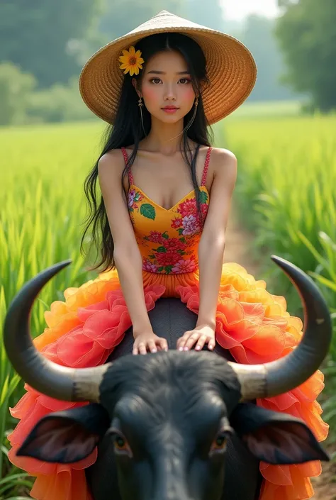 Photo taken with a Fuji camera, Realistic, Best quality, Asian women, White skin, Slim face, Oval face, Small, pointed chin, small round eyes, Single eyelid, A teardrop-shaped nose with a rounded tip, Plump lips, Long black hair, There is a yellow marigold...