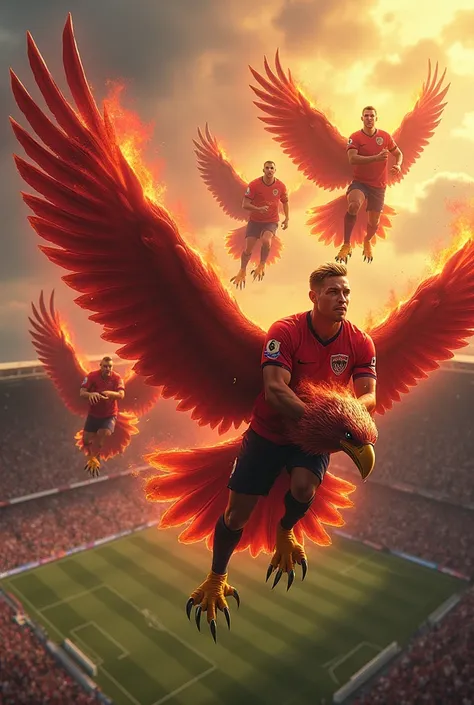 several players with short red jerseys, Black shorts, yellow boots, with claws and covered in fire, and each one flying on his red eagle over a football stadium, with text EAGLES OF BARREIRO.
 