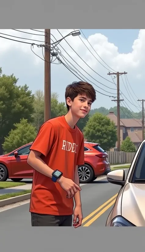 A young15 
 boy wearing a black t-shirt and appl smartwatch and standing at road and a thar at the behind Of the young bo
y 