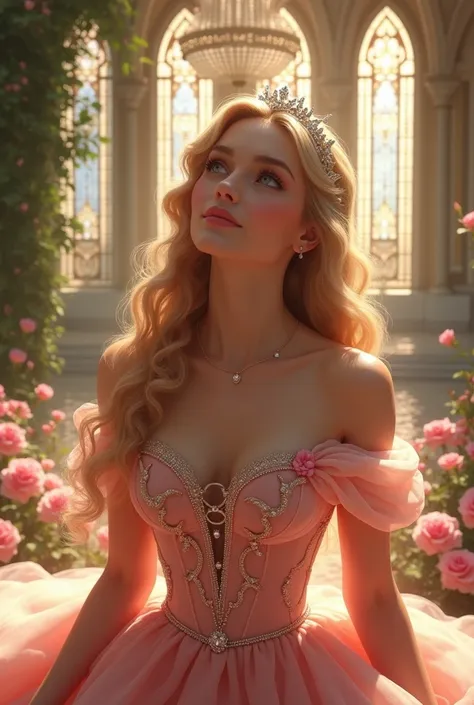 princess in blissful languor, beautiful detailed eyes, beautiful detailed lips, flowing gown, dreamy expression, golden hair cascading down, sparkling tiara, strawberry blonde curls, royal palace, soft sunlight filtering through stained glass windows, exqu...