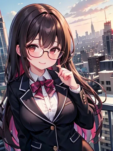 1 female、Brown Hair、Brown eyes、Best Quality、Very detailed、8 Resolution、RAW Photos、masterpiece、Perfect body、High resolution、Best Quality、Detailed view、Vibrant colors、Lure、Long Hair、Black-rimmed glasses、Captivating breasts、Blazer uniform、rooftop、smile,Large ...