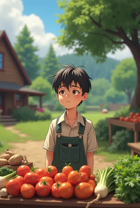 (photorealism:1.2),a young anime, farmer, man, Canadian, short hair, cute, sad, no beard, wear shirt, farm and wood home in background, outdoor, sell old vegetables in market, anime.