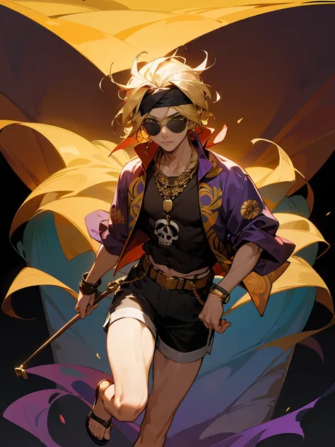 1male ,Black Bandana Turban  , Messy Blonde Hair , Black Aviator Shades ,Golden Chain Necklace , Open Hawaiian Shirt with floral Patterns , Skull Pendant on shirt , Purple Sash Belt , Shorts , Sandals